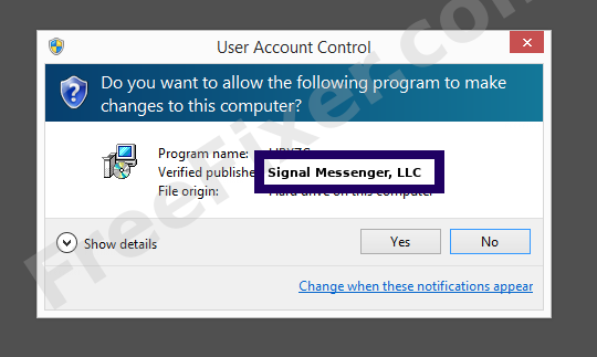 Screenshot where Signal Messenger, LLC appears as the verified publisher in the UAC dialog